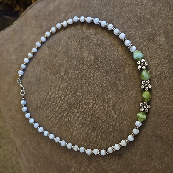 HANDMADE Blue Lace Agate Czech Glass Floral Beaded Fairycore Necklace - Picture 4 of 7